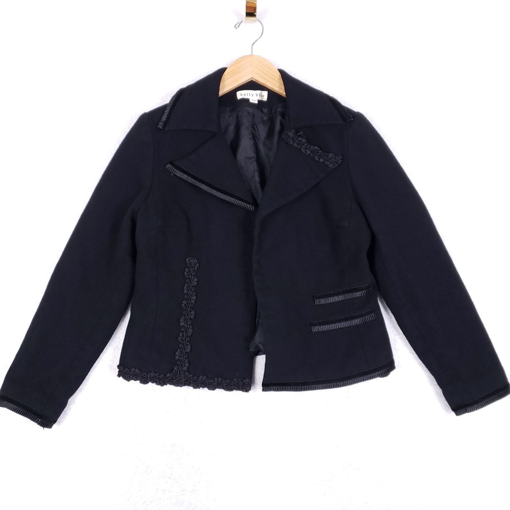 Vintage Kelly Blue Wool Jacket Black Trim Cropped Blazer Size 12 Buttons Removed